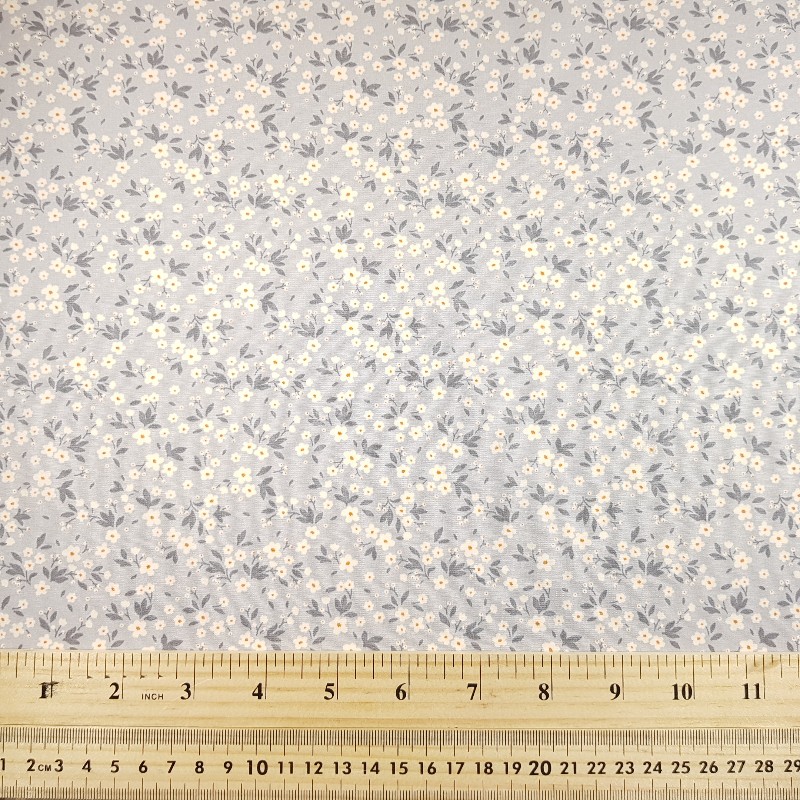 Printed Cotton Poplin - White Flowers on Silver